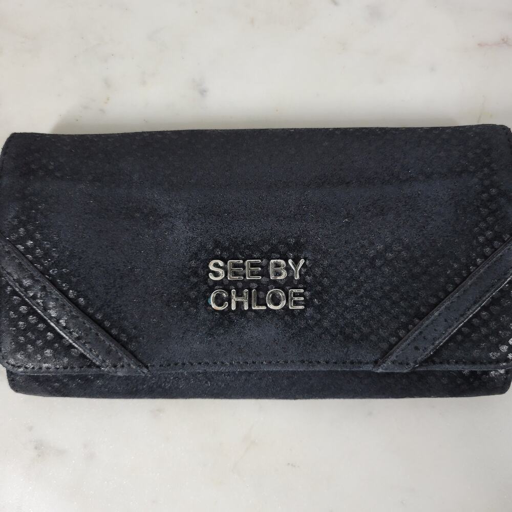 See By Chloe Checkbook Wallet 7.25" Black Soft Embossed Leather Bi-Fold Clutch